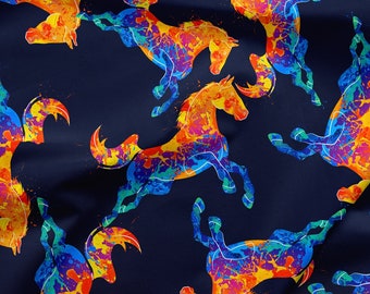 May include: A seamless pattern featuring colorful horses on a dark blue background. The horses are outlined in black and filled with a vibrant mix of orange, yellow, green, blue, and purple paint splatters.