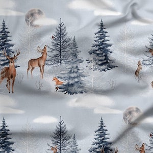 Softshell Fabric | Soft shell | jacket fabric | 300gsm | printed | jacket fabric | fabric by yard Watercolor wild forest winter animals