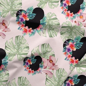 Tessuto Softshell / Soft shell / tessuto giacca / 300gsm / tessuto giacca / tessuto tagliato a misura Coniglio acquerello / fiori di topo foglie di mostro rosa