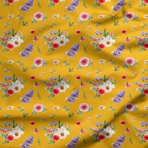 Softshell Fabric | Soft shell | jacket fabric | 300gsm | jacket fabric | fabric by yard  Watercolor bunny| flower meadow yellow mini flowers