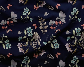 Watercolor Birds Flowers Softshell Fabric: 300gsm Jacket Material
