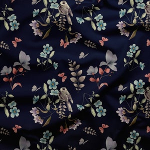 Softshell Fabric | Soft shell | jacket fabric | 300gsm | printed | jacket fabric | fabric by yard Watercolor Birds flowers leaves dark