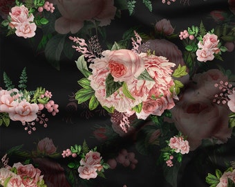 Watercolor Peonies Softshell Fabric: Dark Floral Print, 300gsm