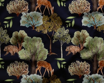 Watercolor Deer Forest Print Softshell Fabric - 300gsm Jacket Fabric