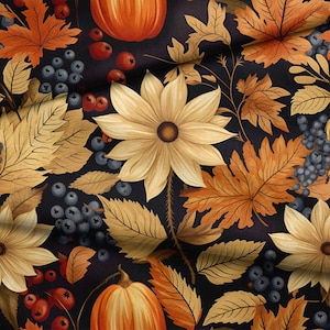 May include: A fall-themed pattern featuring pumpkins, sunflowers, berries, and leaves in shades of orange, yellow, and brown against a dark background. The design evokes a harvest or Thanksgiving theme, suitable for fabric or wallpaper.