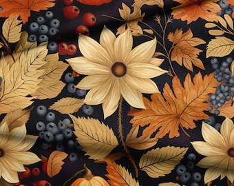 Pumpkin and  autumn flowers Softshell Fabric: Gray Printed Jacket Material (300gsm)