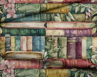May include: A watercolour illustration of a stack of books in shades of green, red, and gold, with floral and leaf details. The books feature gold lettering and are arranged in a repeating pattern, creating a vintage, botanical theme.