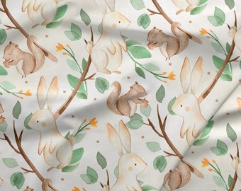 May include: A seamless pattern featuring watercolor illustrations of bunnies, squirrels, and leaves on a white background. The bunnies are white with brown accents, the squirrels are brown with white accents, and the leaves are green with orange accents.