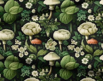 Waterdichte canvasstof: bloemenpaddenstoelenprint, 200 g jasstof