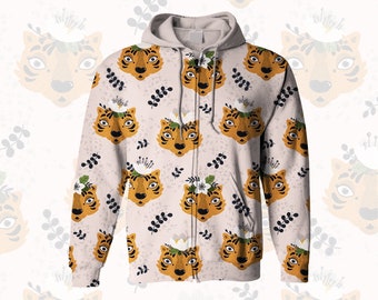 May include: A beige zip-up hoodie with a repeating pattern of orange tiger faces with white flowers on a light pink background.