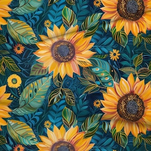 Pode incluir: Um padrão floral vibrante com grandes girassóis com pétalas amarelas e centros castanhos escuros. Os girassóis são colocados em um fundo de folhas verde-azuis e flores amarelas menores, criando um design animado e colorido.