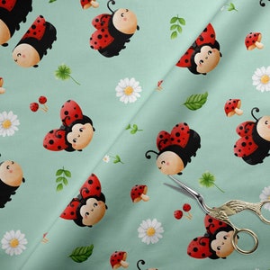 Softshell Fabric | Soft shell | jacket fabric | 300gsm | printed | jacket fabric | fabric by yard | cute ladybugs and flowers