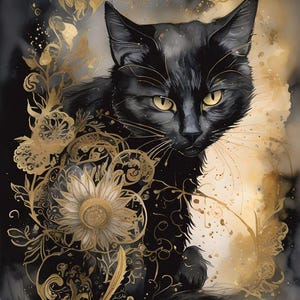 Peut inclure: Un chat noir aux yeux jaunes est au centre de cette œuvre d'art. Le chat est entouré de motifs floraux et ornementaux dorés sur un fond sombre. L'œuvre a un effet aquarelle.
