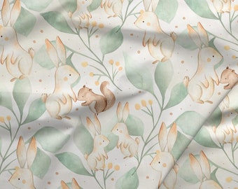 May include: Watercolor pattern featuring rabbits and squirrels among green leaves and yellow berries. The design has a soft, pastel color palette, creating a whimsical and gentle aesthetic. The repeating pattern is ideal for children's products or nursery decor.