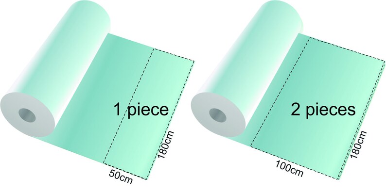 K&ouml;nnte beinhalten: Zwei Rollen hellblaues Geschenkpapier, eine in zwei St&uuml;cke geschnitten. Die Rolle links ist 50 cm breit und 180 cm lang. Die Rolle rechts ist 100 cm breit und 180 cm lang.