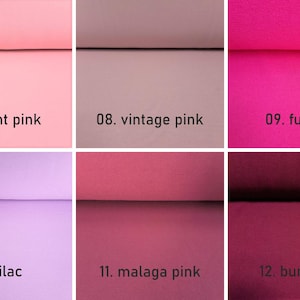 K&ouml;nnte beinhalten: Farbkarte mit 6 verschiedenen Rosat&ouml;nen von Stoff. Die Farben sind hellrosa, vintage rosa, fuchsia, lila, malaga rosa und burgunder.