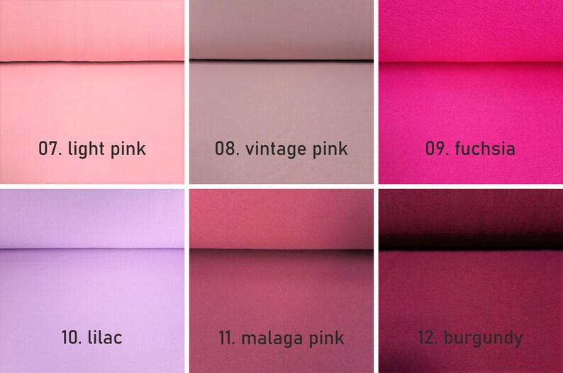 K&ouml;nnte beinhalten: Farbkarte mit 6 verschiedenen Rosat&ouml;nen von Stoff. Die Farben sind hellrosa, vintage rosa, fuchsia, lila, malaga rosa und burgunder.
