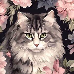 May include: A digital painting of a fluffy grey and white cat with green eyes, surrounded by pink and purple flowers and green leaves against a dark background. The cat has long fur and a serene expression.