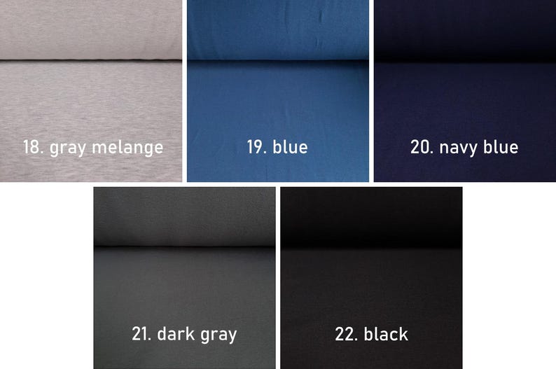 K&ouml;nnte beinhalten: Stoffmuster in verschiedenen Farben, darunter grau meliert, blau, marineblau, dunkelgrau und schwarz. Die Muster sind in einem Raster angeordnet.