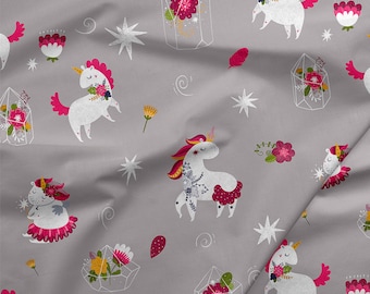 May include: A gray fabric with a repeating pattern of white unicorns, pink flowers, and crystal-like shapes. The unicorns have pink manes and tails and are adorned with flowers. The crystals are filled with pink and green flowers.