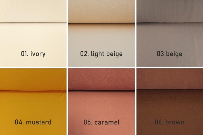 K&ouml;nnte beinhalten: Farbkarte mit 10 verschiedenen Stofffarben: Elfenbein, Hellbeige, Beige, Senf, Karamell, Braun, Dunkelbraun, Grau, Hellgrau und Wei&szlig;.