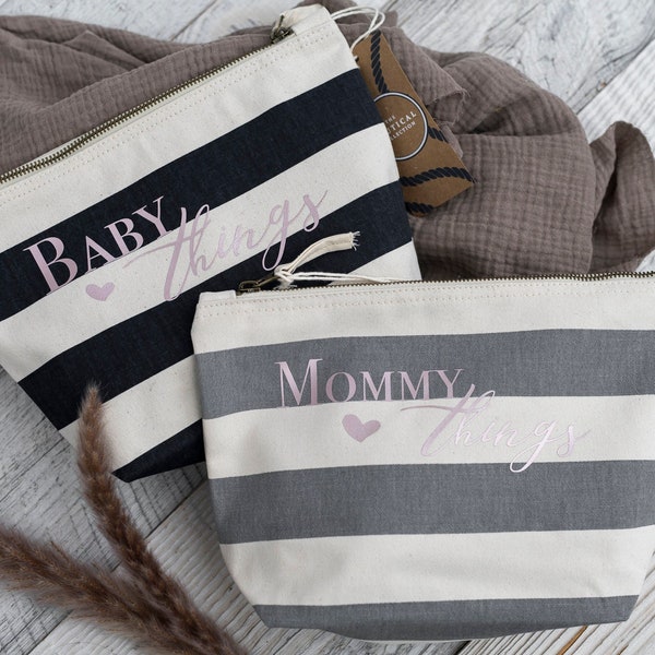 Kulturtasche Tasche Baumwolle Mommy things Baby things  rose gold Marine look natur dunkelblau & grau Kinder Damen