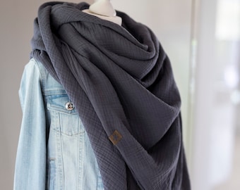 Muslin scarf triangular scarf dark grey women girls men double-layered for children and adults scarf