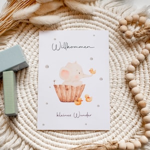 Glückwunschkarte Postkarte Geburtskarte Geburt Baby Neugeborenes personalisiert Wunschname Eltern hochwertig - Kleines Wunder süßer Elefant