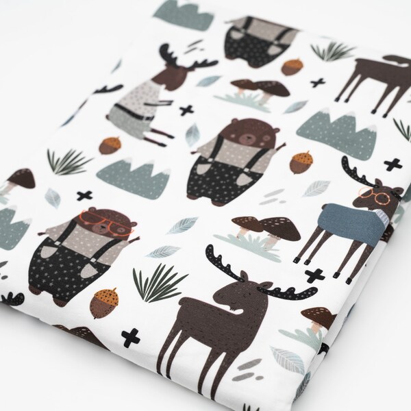 Forest Animals Fabric - Jersey Fabric - Cotton Jersey - Bear - Moose- Boho - Forest - White - Children - from 50 cm