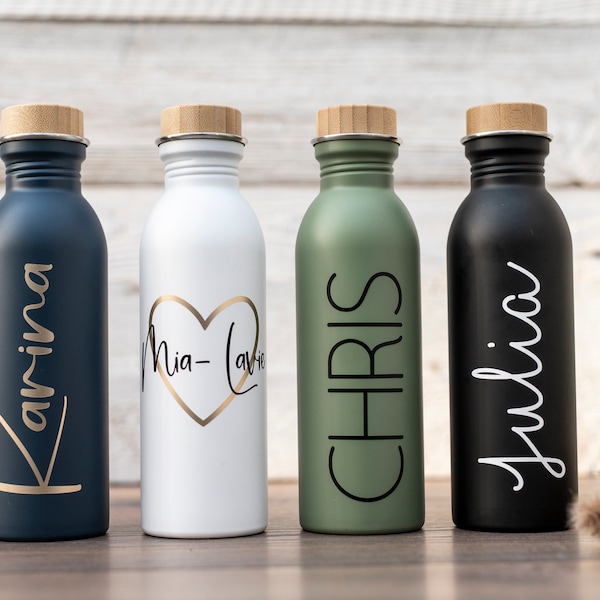 Personalized Water Bottle, Sports Bottle, Stainless Steel, Bamboo Wood, Name Gift, 650 ml Bottle
