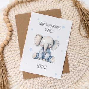 Karte zur Geburt Glückwunschkarte Baby Neugeborenes personalisiert Wunschname hochwertig Umschlag - Kleines Wunder Elefant Elefantenmotiv