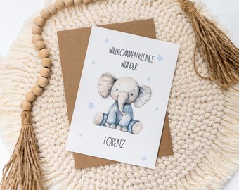 Karte zur Geburt Glückwunschkarte Baby Neugeborenes personalisiert Wunschname hochwertig Umschlag - Kleines Wunder Elefant Elefantenmotiv