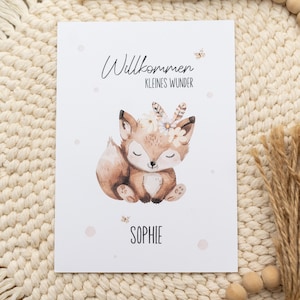 Karte zur Geburt Glückwunschkarte boho Fuchs personalisiert Postkarte Mädchen Baby A6 Format