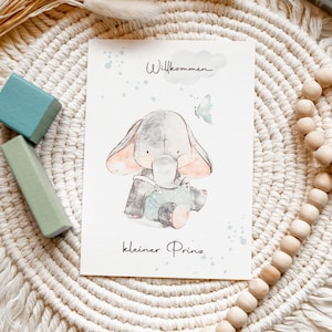Postkarte Geburtskarte Glückwunschkarte Geburt Baby Junge hochwertig besonders Umschlag - Willkommen Elefant kleiner Prinz