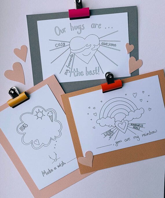 Thinking of you, Missing you, Hugs, Wish and Rainbow Postcards for colouring and posted to loved ones - pack of 3