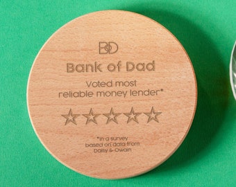 Dessous de verre personnalisé « Bank of Dad » en bois ou en ardoise - Cadeau d'anniversaire drôle pour papa - Cadeau unique de la part de son fils et de sa fille pour la fête des pères