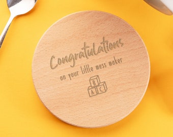 Engraved "Congratulations On Your Little Mess Maker" Funny Keepsake Memory Box or Wooden Coaster - Baby Shower Gift for New Mums Dads