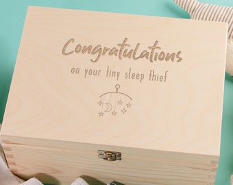 Engraved "Congratulations On Your Tiny Sleep Thief" Funny Keepsake Box or Wooden Coaster - Unique Baby Shower Gift for Mums and Dads