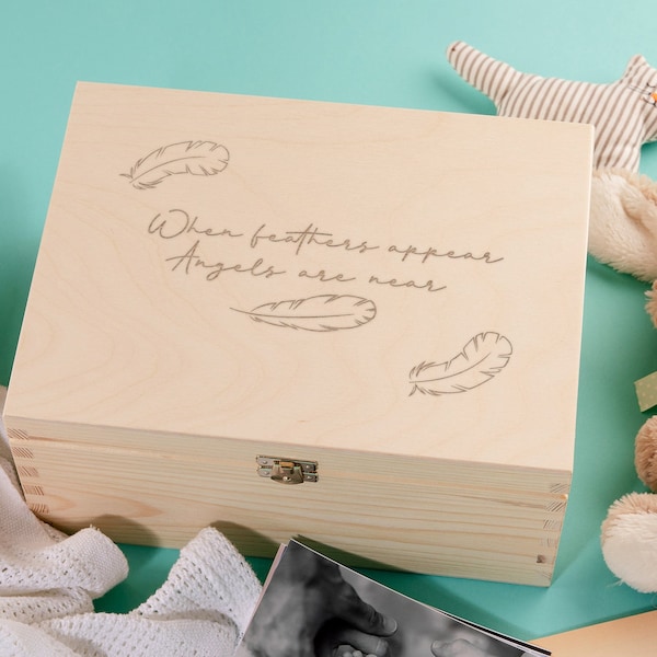 Engraved "When Feathers Appear Angels Are Near" Baby Keepsake Memory Box - Baby Loss Memorial Gift