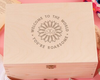 Engraved "Welcome To The World You're Roarsome" Baby Keepsake Memory Box - Unique Baby Shower Gift For Boy or Girl