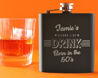 Personalised Leather Stainless Steel Hip Flask - 70th Birthday Gift For Men Women - Engraved 6oz Hipflask for Grandad Grandma