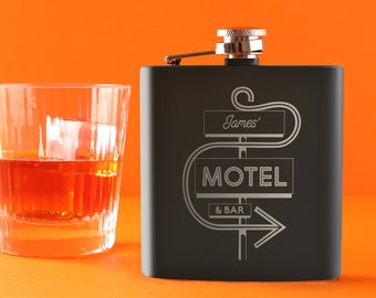 Personalised 1950s Home Bar Hip Flask - Personalized Gifts for Men Women - Engraved 6oz Leather or Stainless Steel Metal Hipflask