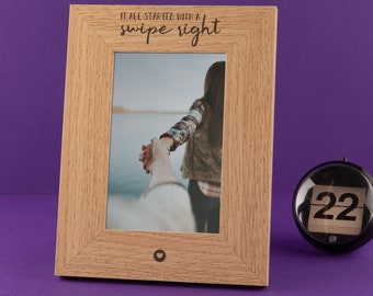 Engraved "It All Started With A Swipe Right" Picture Frame or Coaster - Anniversary Present For Boyfriend Girlfriend - Valentine's Day Gift