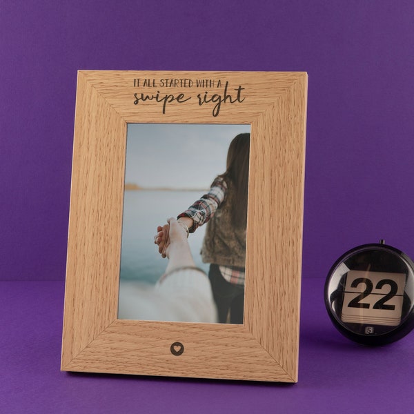 Engraved "It All Started With A Swipe Right" Picture Frame or Coaster - Anniversary Present For Boyfriend Girlfriend - Valentine's Day Gift