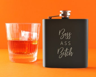 Engraved "Boss A*s B*tch" Stainless Steel Hip Flask or Glass, Wood or Slate Coaster - Funny Birthday Gift For Women