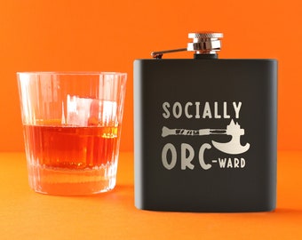 Engraved "Socially Orc-ward" Leather or Metal Hip Flask for Dnd Player - Unique Dungeons and Dragons Gift for Gamers