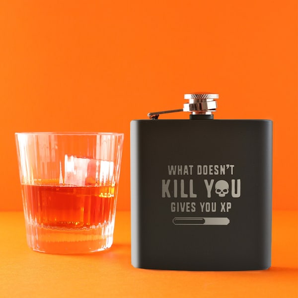 Engraved "What Doesn't KIll You Gives You XP" Leather or Metal Hip Flask - Unique Dungeons and Dragons Gift for Gamers