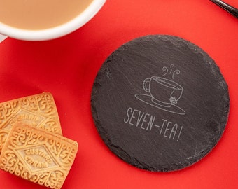 Engraved "Seven-tea!" Wooden, Glass or Slate Coaster or Mug - Funny 70th Birthday Gift For Tea Lover