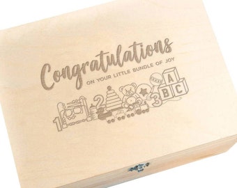 Engraved "Congratulations On Your Little Bundle Of Joy" Baby Keepsake Memory Box - Baby Shower Gifts For Girl or Boy