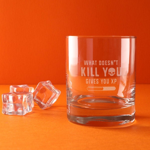 Engraved "What Doesn't Kill You Gives You XP" Whiskey Glass Tumbler - Funny Dungeons and Dragons Gift for Gamers